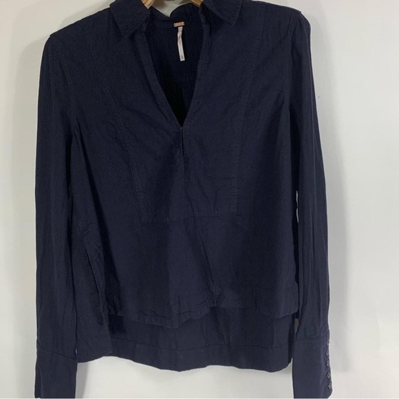 Free People Navy Blue linen Cotton Shirt  oversized size S “ready or not” top - Picture 3 of 7